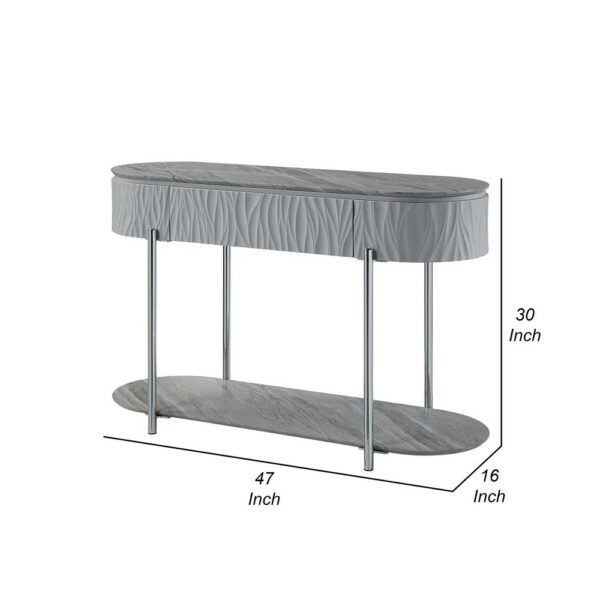 Doug Sofa Table, Gray High Gloss Wood, Drawers, Chrome Metal, 47 Inch