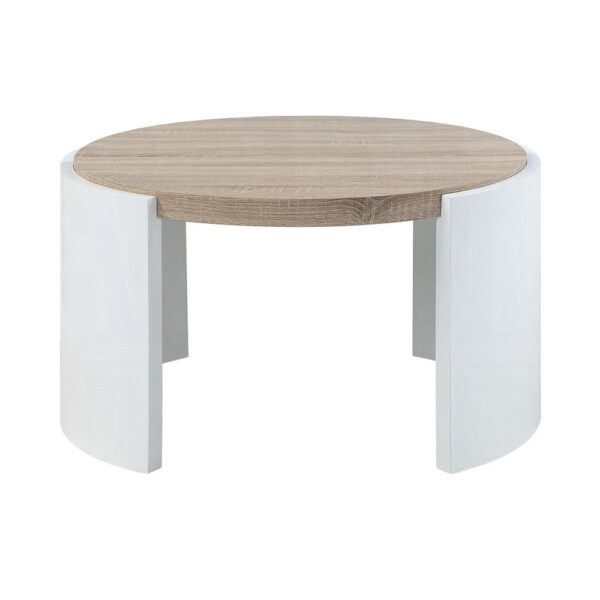 Romani Coffee Table, White High Gloss Wood, Brown Top, Round 33 Inch