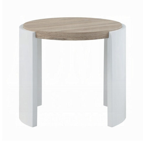Romani Side End Table, White High Gloss Wood, Brown Top, Oval 26 Inch