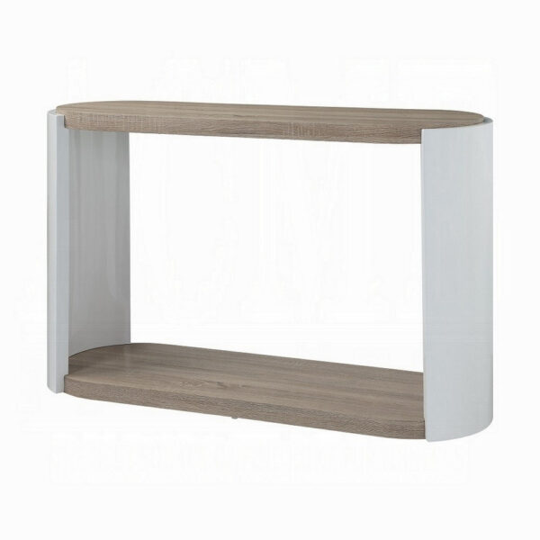 Romani Sofa Console Table, White High Gloss Wood, Brown, Oval 47 Inch