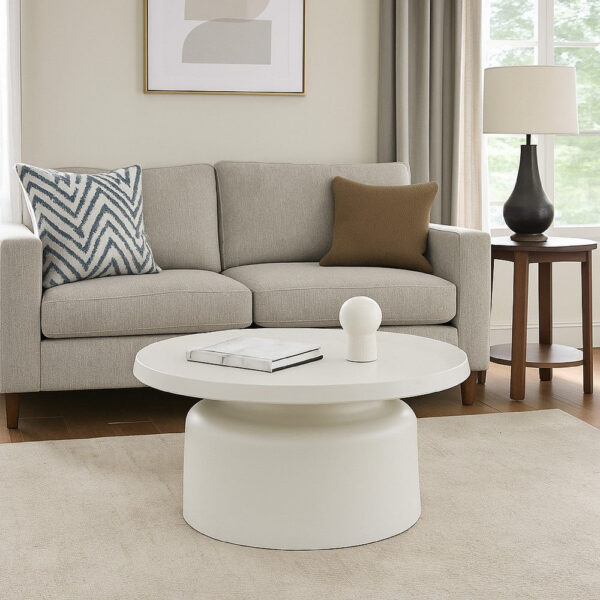 Ricca Plant Stand Table, White Metal, Round 29 Inch Top, Pedestal Base