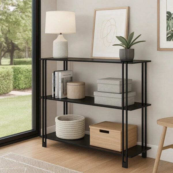 Rasha 3 Tier Storage Rack Rack, Spacious Shelves, Black Metal, 44 Inch