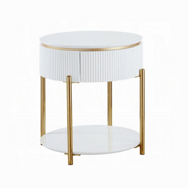 150220266991eef1983da.jpeg Tyce Side End Table with Drawer, 22 Inch Glossy White, Gold Metal