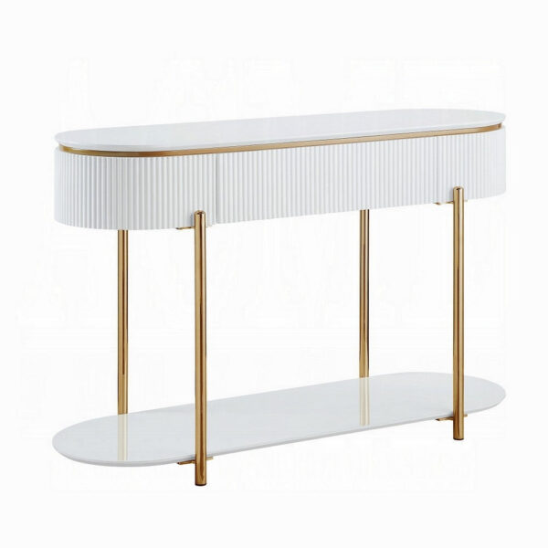 Tyce Sofa Table with Drawer, Shelf, 47 Inch Glossy White, Gold Metal