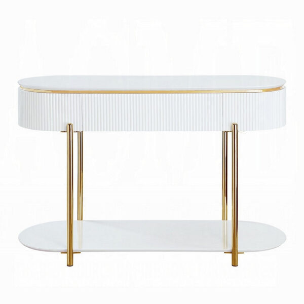 Tyce Sofa Table with Drawer, Shelf, 47 Inch Glossy White, Gold Metal