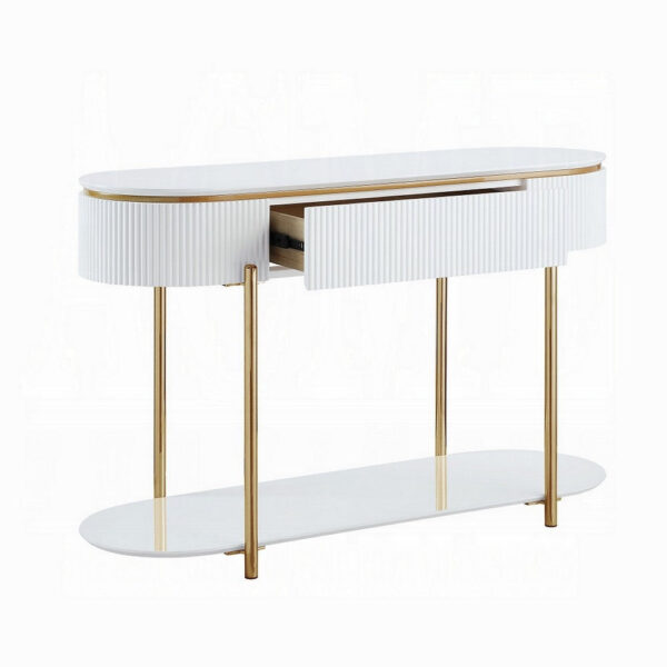 Tyce Sofa Table with Drawer, Shelf, 47 Inch Glossy White, Gold Metal