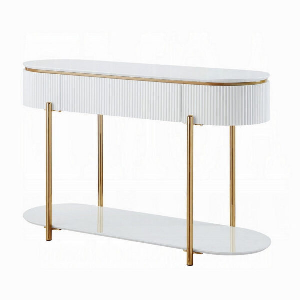 Tyce Sofa Table with Drawer, Shelf, 47 Inch Glossy White, Gold Metal