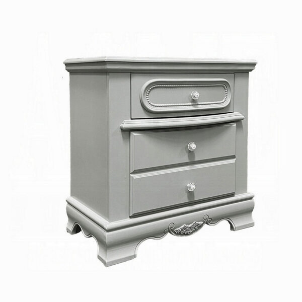 Auri Kids Nightstand, 3 Drawers and Scalloped Base, 27 Inch Gray Wood