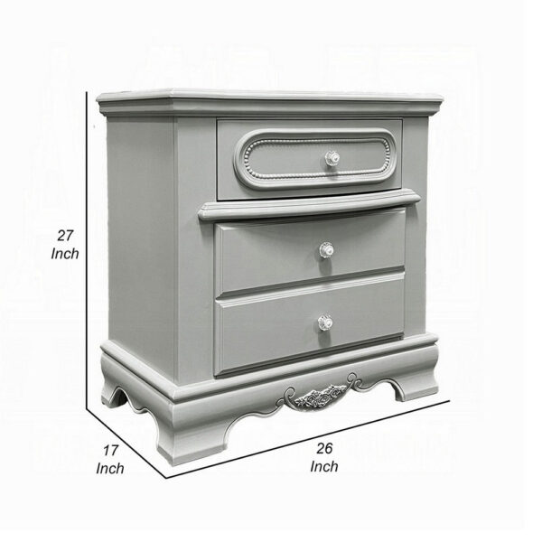 Auri Kids Nightstand, 3 Drawers and Scalloped Base, 27 Inch Gray Wood