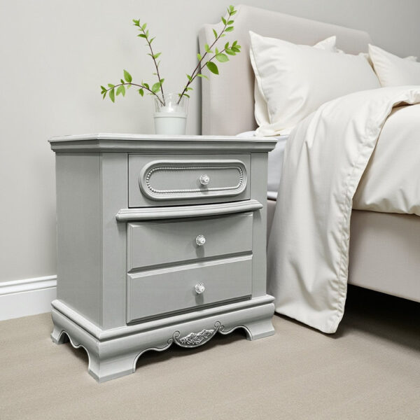 Auri Kids Nightstand, 3 Drawers and Scalloped Base, 27 Inch Gray Wood