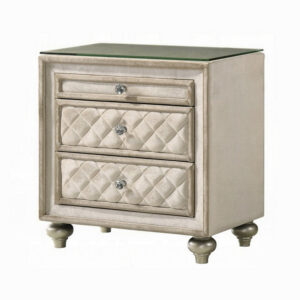 150220266991ef4b07d41.jpeg Willa Nightstand, 2 Drawers, Pull Out Tray, 27 Inch Wood, Beige Velvet