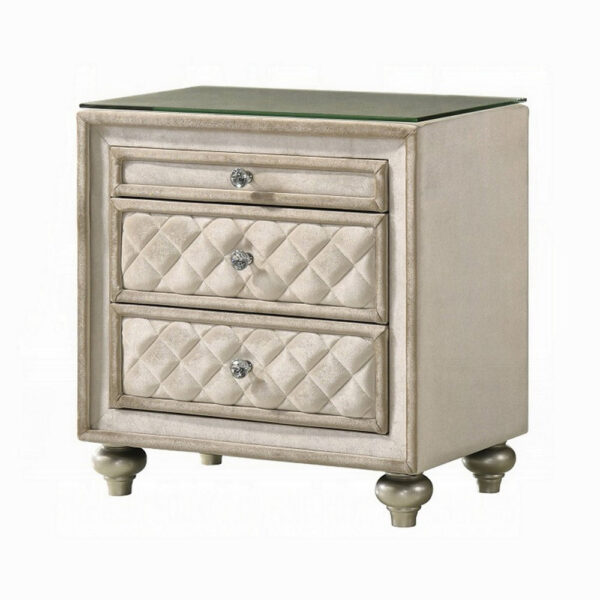 150220266991ef4b07d41.jpeg Willa Nightstand, 2 Drawers, Pull Out Tray, 27 Inch Wood, Beige Velvet