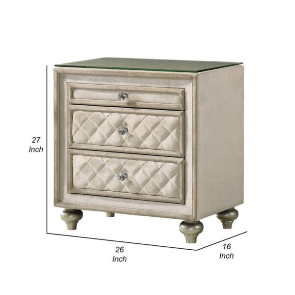 150220266991ef54c447b.jpeg Willa Nightstand, 2 Drawers, Pull Out Tray, 27 Inch Wood, Beige Velvet