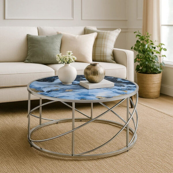 Shira Round Coffee Table, 33 Inch, Open Chrome Base, Blue Faux Marble