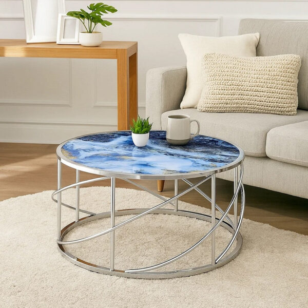 Shira Round Coffee Table, 33 Inch, Open Chrome Base, Blue Faux Marble