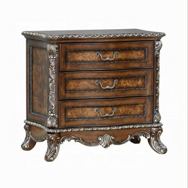 Vany Nightstand, Traditional Floral Trim, 3 Drawers, Cherry Brown