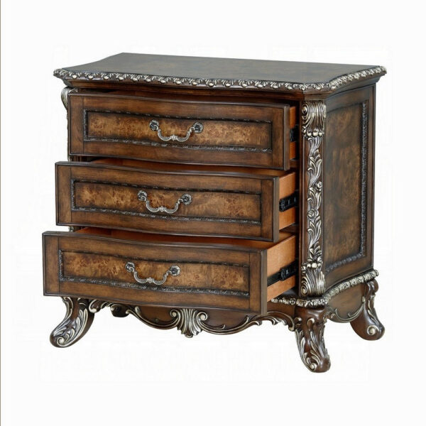Vany Nightstand, Traditional Floral Trim, 3 Drawers, Cherry Brown