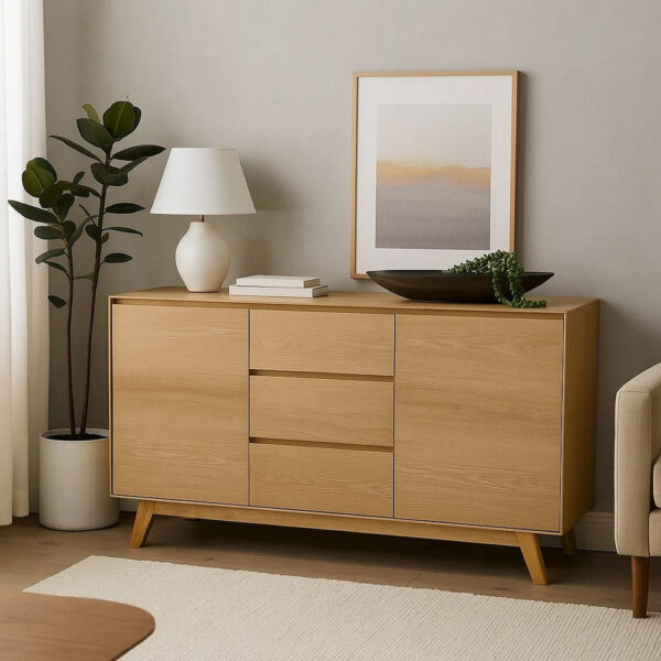 150220266991efb247763.jpeg Semi Sideboard Buffet Console, 3 Drawers, 2 Cabinets, Oak Brown Wood