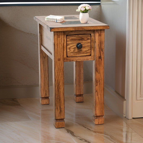 Marv Accent Chair Side Table, 25 Inch Rectangular Top, Drawer, Brown