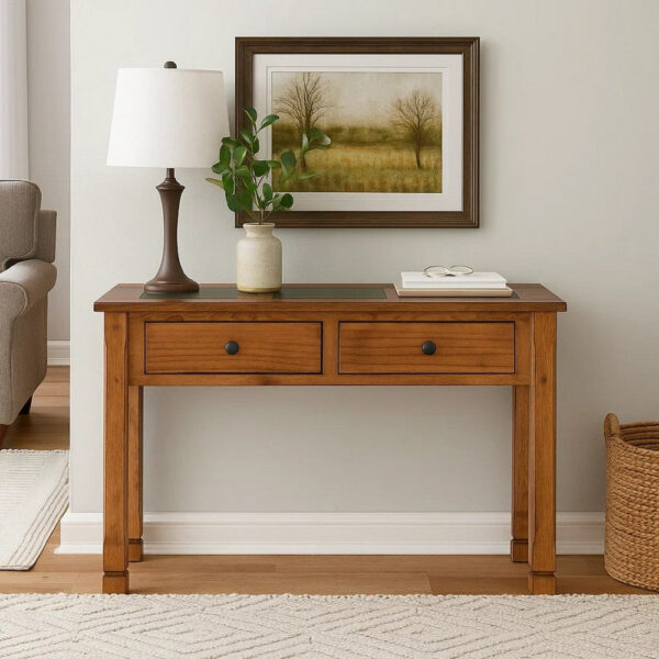 Marv Sofa Table w 2 Drawers, 48 Inch Rectangular Slate Inlay, Brown