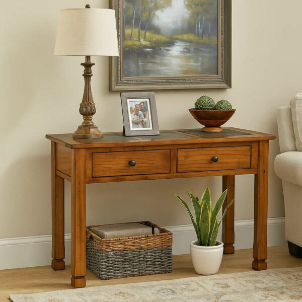 Marv Sofa Table w 2 Drawers, 48 Inch Rectangular Slate Inlay, Brown