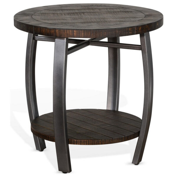 Flint Side End Table w Shelf, Barrel Shape, 24 Inch Dark Brown Round