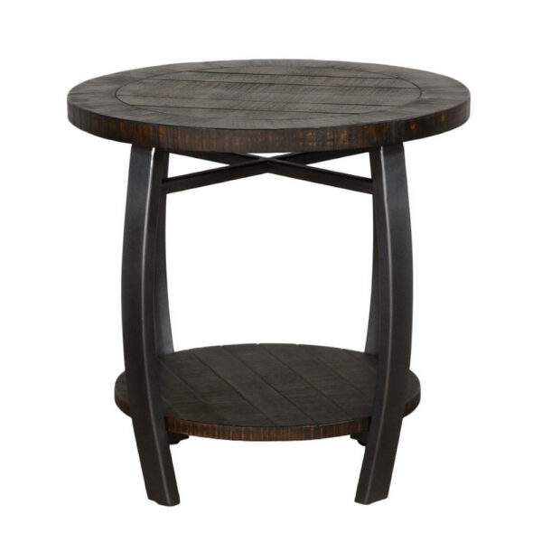 Flint Side End Table w Shelf, Barrel Shape, 24 Inch Dark Brown Round