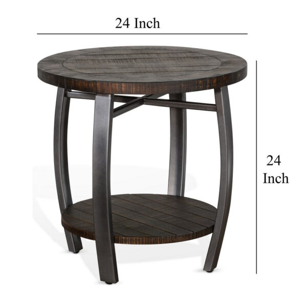 Flint Side End Table w Shelf, Barrel Shape, 24 Inch Dark Brown Round
