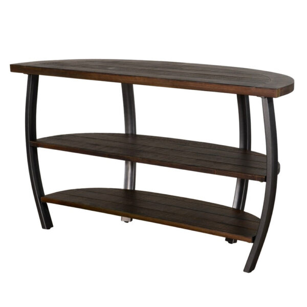 150220266991f0474a499.jpeg Flint Sofa Table w 2 Shelves, 52 Inch Semi Circle Top, Brown, Barrel