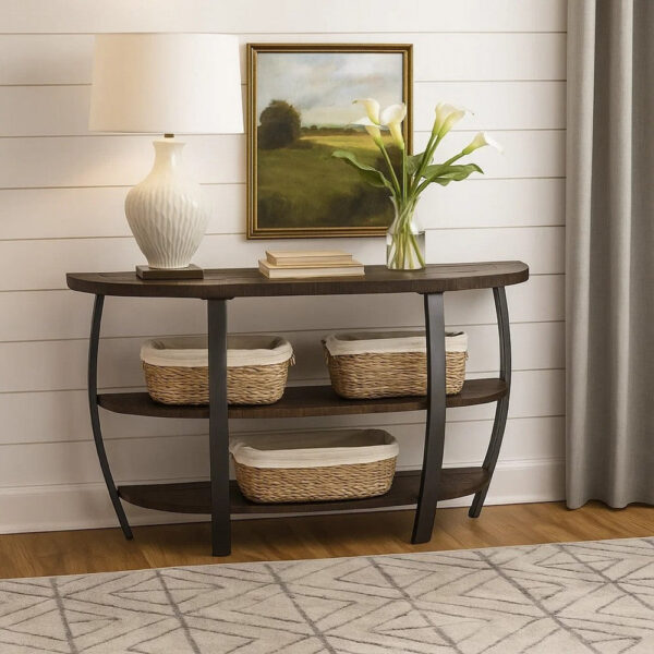 150220266991f04eb353a.jpeg Flint Sofa Table w 2 Shelves, 52 Inch Semi Circle Top, Brown, Barrel