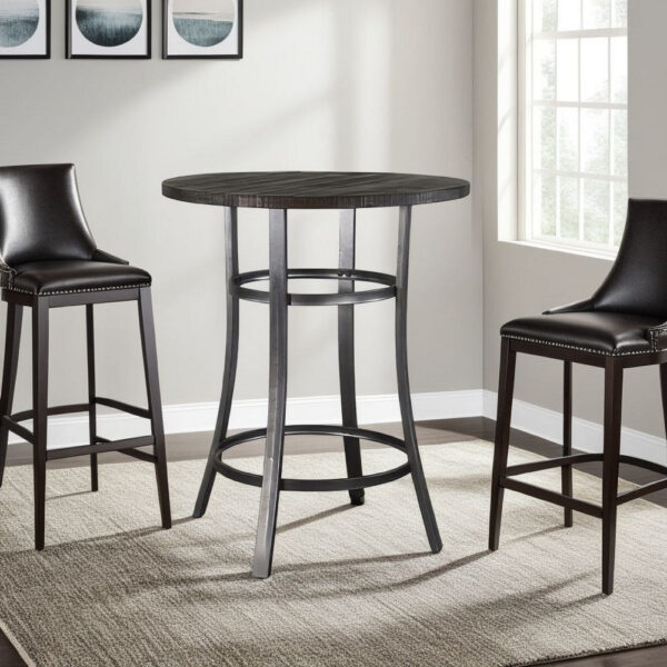 Flint Bar Height Table Round 42 Inch, Dark Brown Mahogany Wood n Metal