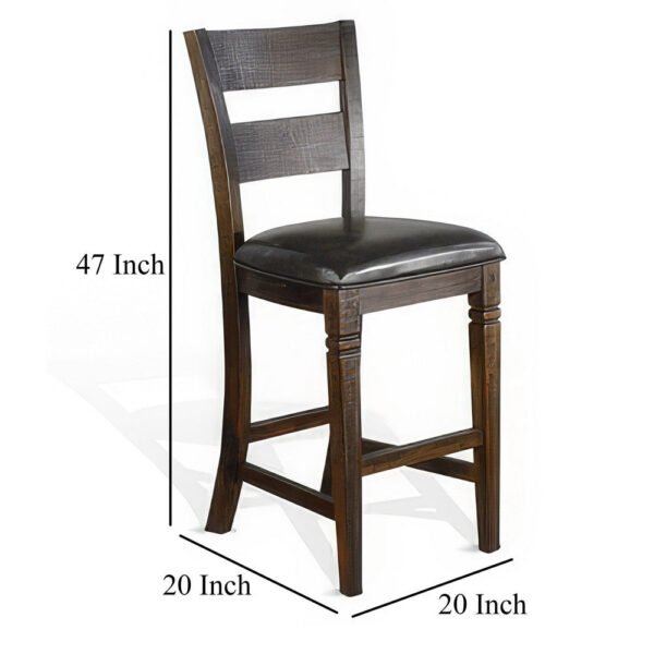 Flint Barstool Chair, Set of 2, Ladderback, Black Vinyl, Dark Brown Mahogany