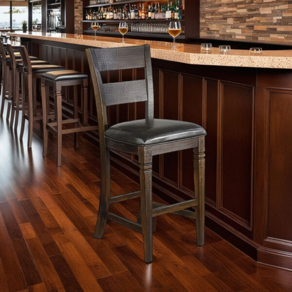 Flint Barstool Chair, Set of 2, Ladderback, Black Vinyl, Dark Brown Mahogany