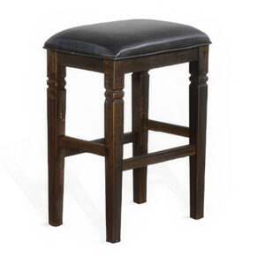 Flint Barstool, Set of 2, Backless, Plush Black Vinyl Seat, Dark Brown Mahogany