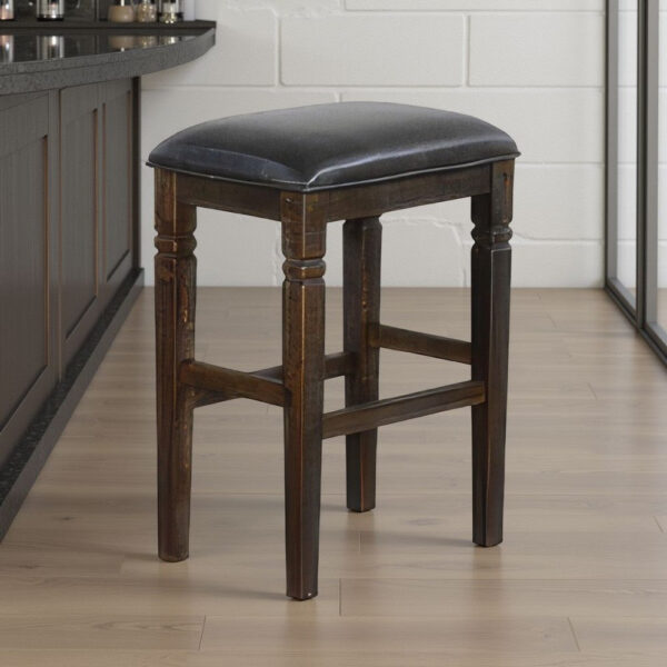 Flint Barstool, Set of 2, Backless, Plush Black Vinyl Seat, Dark Brown Mahogany
