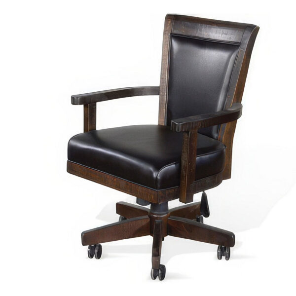 150220266991f14100df5.jpeg Flint Rolling Swivel Game Chair, Black Faux Leather, Dark Brown Wood