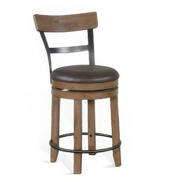 Yael Swivel Counter Stool Chair Set of 2, Gray Faux Leather Brown Wood