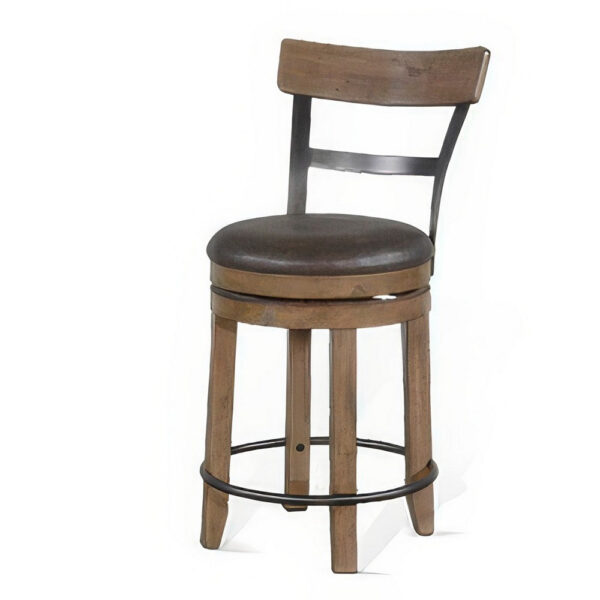 Yael Swivel Counter Stool Chair Set of 2, Gray Faux Leather Brown Wood