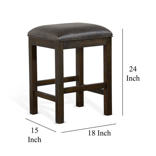 Flint Counter Stool, Faux Leather Seat, 24 Inch High, Dark Brown Wood