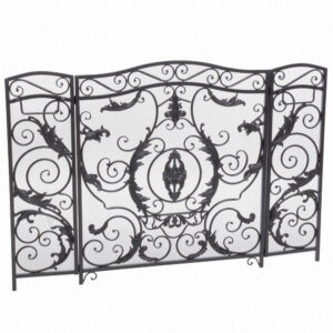 150220266991f3a8e58cf.jpeg Fireplace Screen, Scrollwork Mesh Design, Iron w Black, Silver Finish