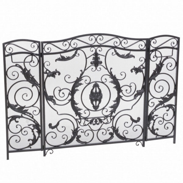 Fireplace Screen, Scrollwork Mesh Design, Iron w Black, Silver Finish
