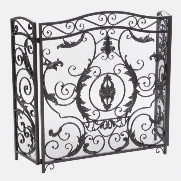 Fireplace Screen, Scrollwork Mesh Design, Iron w Black, Silver Finish