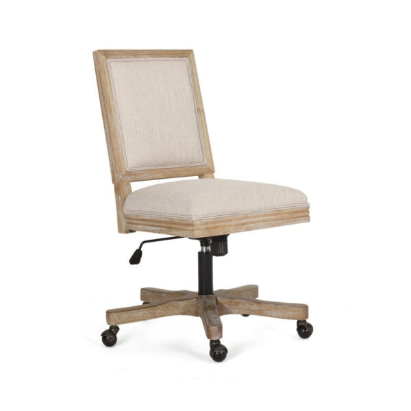 Swivel Rolling Office Chair, Beige Fabric, Weathered Light Brown Wood