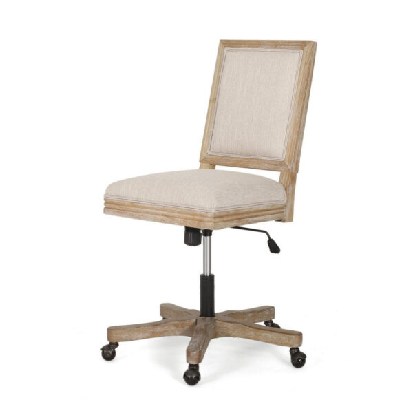 Swivel Rolling Office Chair, Beige Fabric, Weathered Light Brown Wood