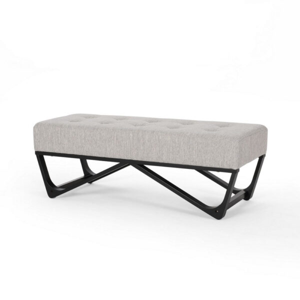Liba Ottoman Bench, Button Tufted Beige Fabric, Black Frame, 47 Inch