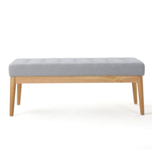 Gisa Ottoman Bench, Light Gray Fabric Tufted Seat, Brown Wood, 44 Inch