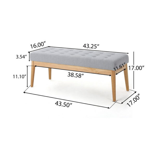 Gisa Ottoman Bench, Light Gray Fabric Tufted Seat, Brown Wood, 44 Inch