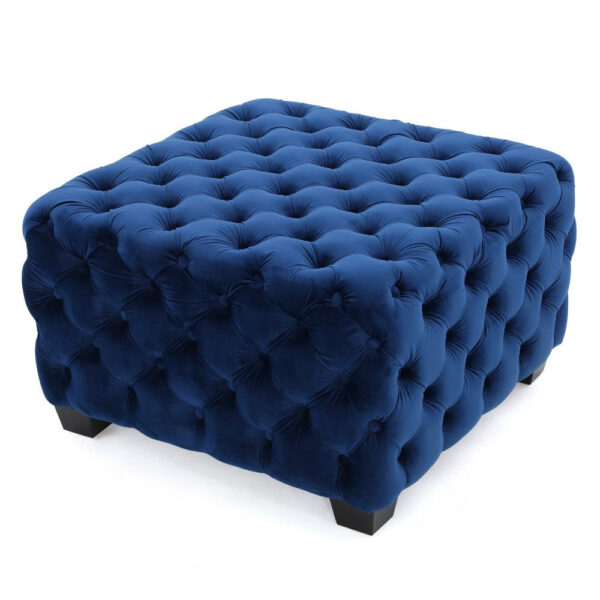 Ottoman, Modern Button Tufted, Navy Blue Velvet, 29 Inch Square Shape