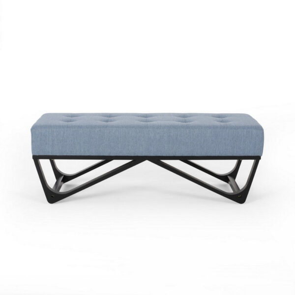 Liba Ottoman Bench, Button Tufted Light Blue Fabric, Black, 47 Inch