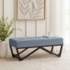 Liba Ottoman Bench, Button Tufted Light Blue Fabric, Black, 47 Inch